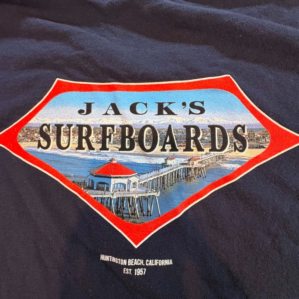 Jacks Surfboards Shirt Men Large L Navy Huntington Beach California Surf Graphic